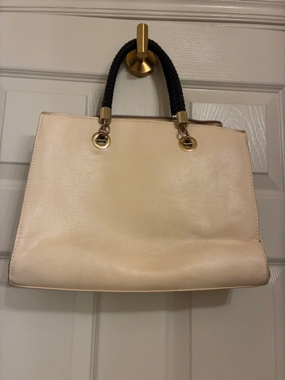 Charming Charlie Cream Tote with‎ Black Braided Handles